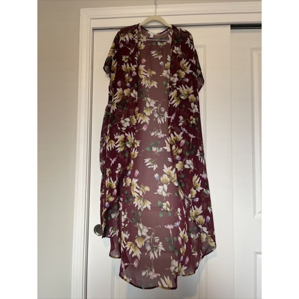 Boutique Women Burgundy Floral Print Sheer Kimono Style‎ Cardigan Size 0X/1X